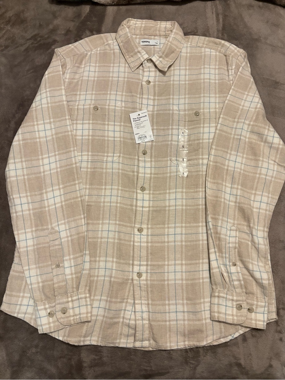 Sonoma Beige and White Plaid Casual Button-Down Shirt